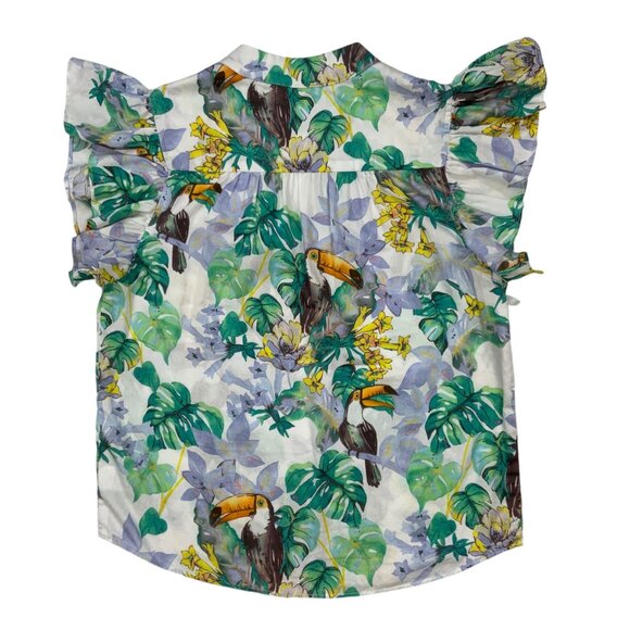 Lavender Brown Blouse Top XS Multicolor Toucan Design Ruffle Cap Sleeve V-Neck - Picture 11 of 12